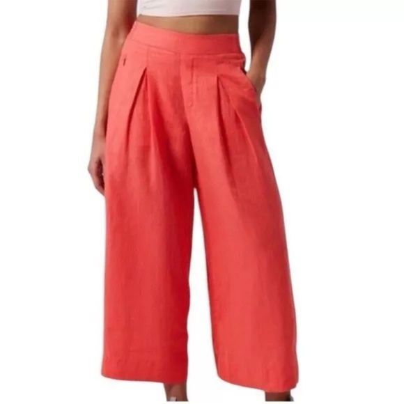Athleta Playa Linen Wide Leg Crop High Waist Pant Passion Fruit Coral Sz 8 *U18 - Picture 1 of 4